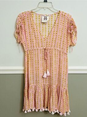 Figue Pink White Brown Geometric Tassel VNeck Tie Cinch Waist Dress Cover-Up XXS